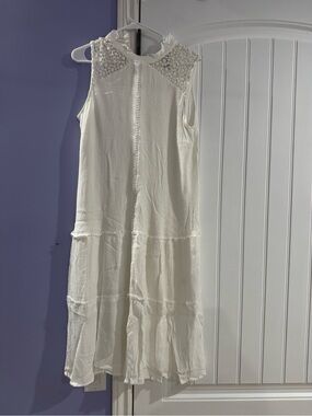 Sleeveless White Crochet Yoke Tiered Maxi Dress